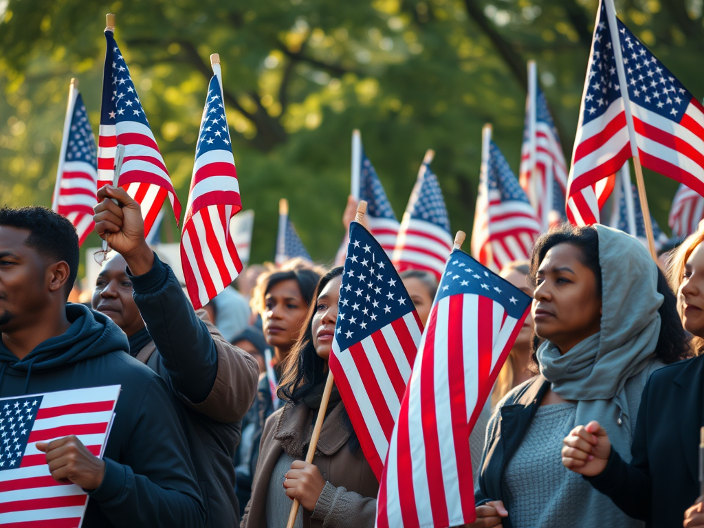 Peaceful Protesters of Many Races Holding American Flags