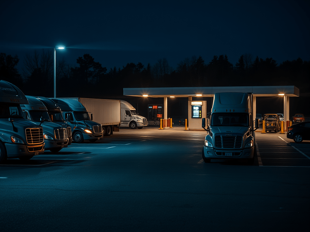 Exterior shot of a truck stop at night