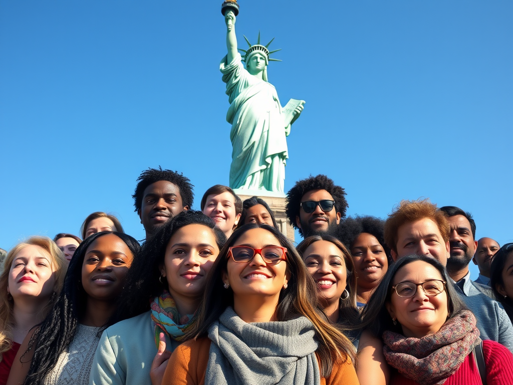 A group of diverse, multi-ethnic people standing with the Statue of Liberty in the background.
