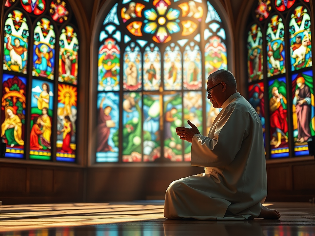 A priest kneeling in front of stained glass windows