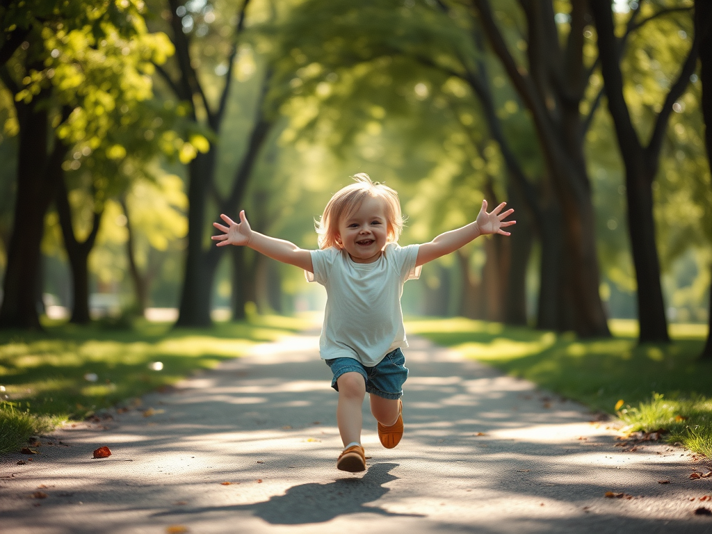 A child running in a park with their arms spread wide and a large smile on their face