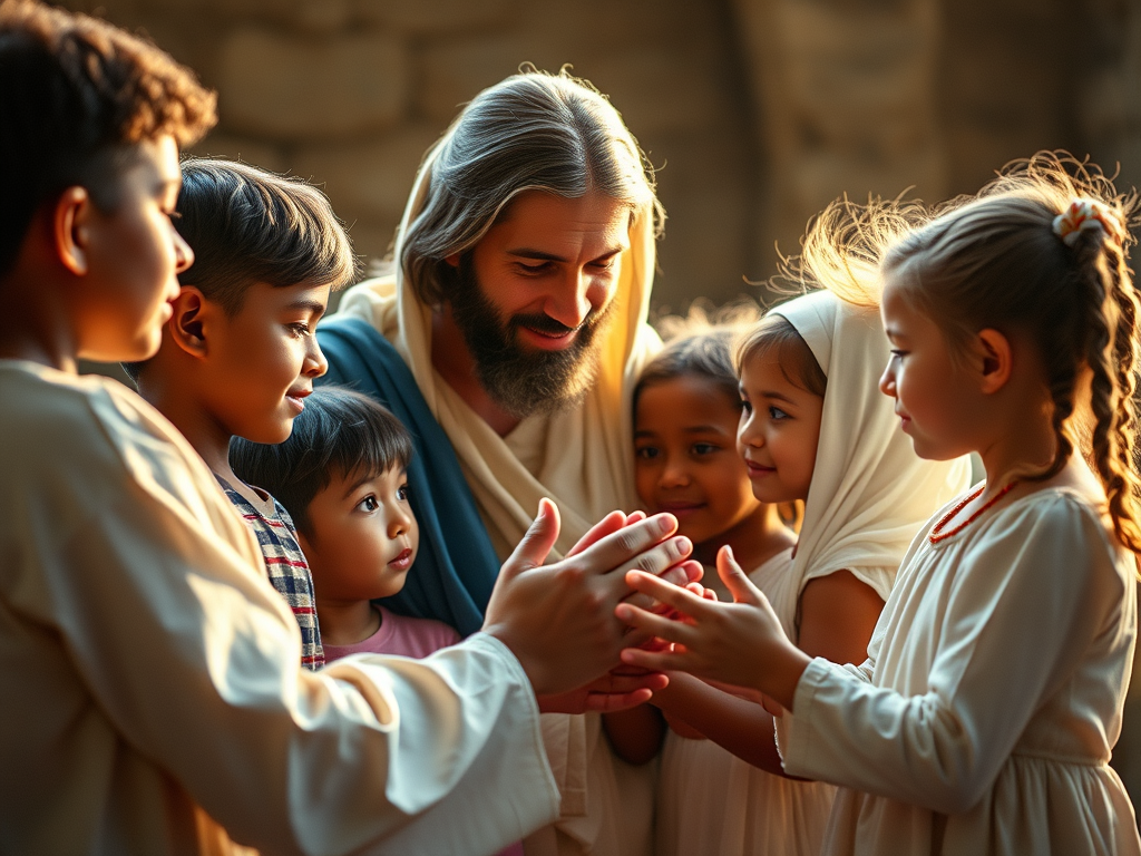 A man with long hair and a beard wearing a robe and surrounded by children giving off an air of childlike wonder.