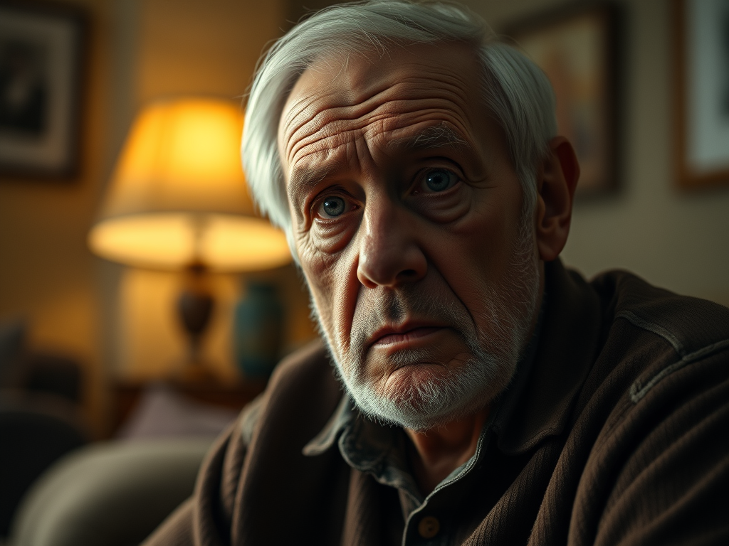 An older man sitting in a living room with a concerned look on his face.