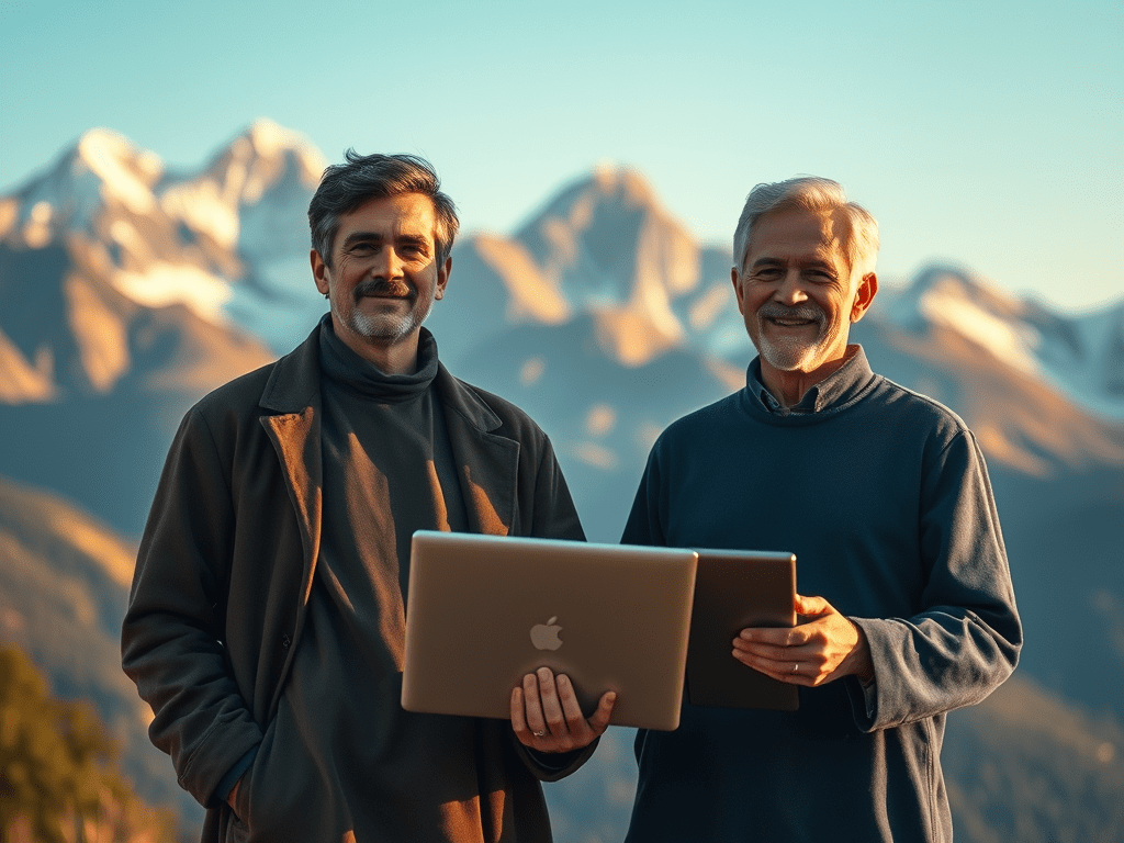 A pair of men standing in front of a mountain range holding a pair of tablets and smiling.