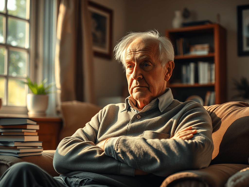 An old man sitting in a living room with his arms crossed and a concerned look on his face.