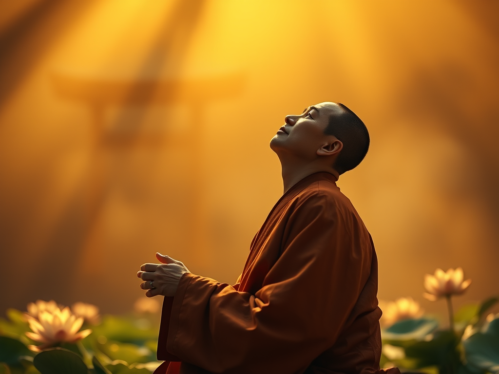Shinran kneeling in radiant golden light, symbolizing his realization of trusting in the compassionate power of Amida Buddha.