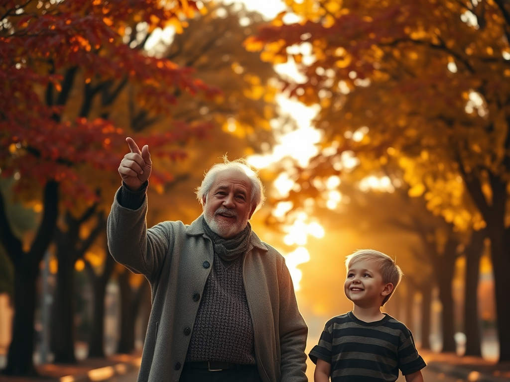 Grandfather and young grandson walking under glowing autumn trees, the child marveling at the colorful leaves painted by nature.