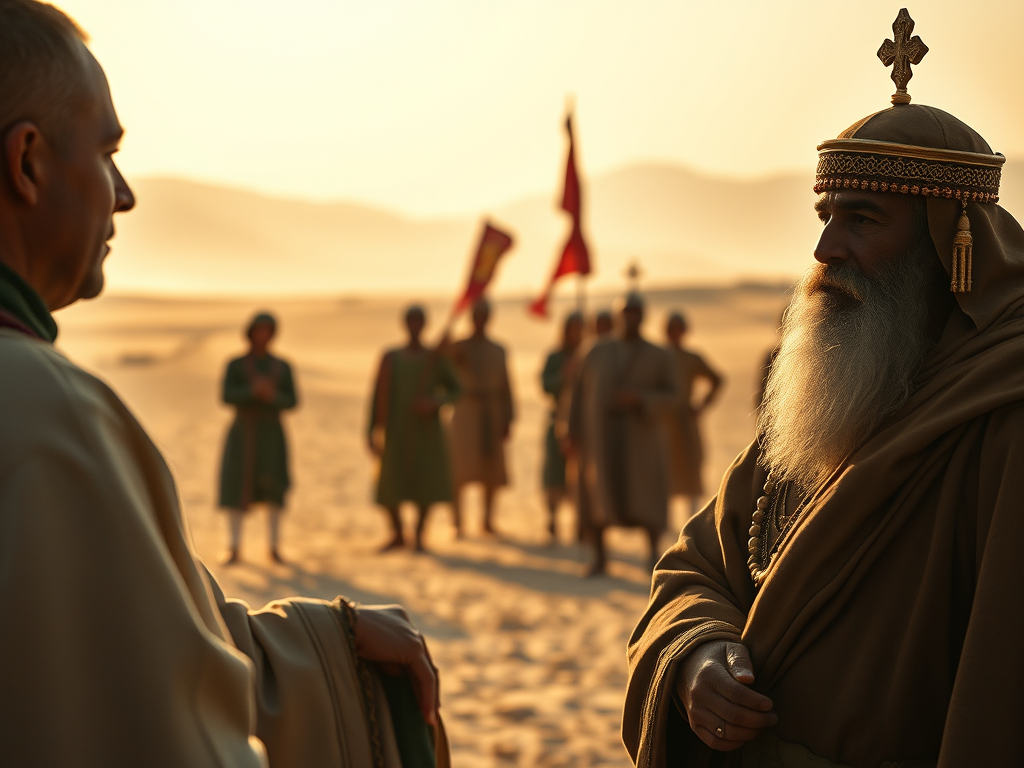 St. Francis and Sultan al-Kamil converse peacefully in a golden desert, with distant soldiers fading into the background
