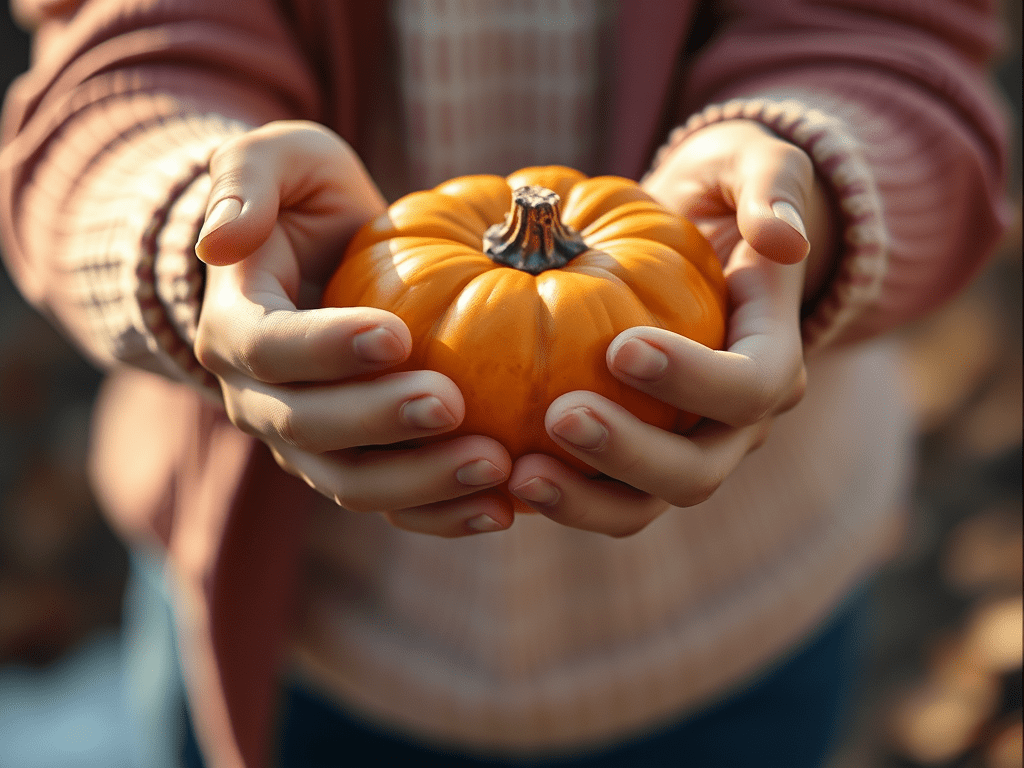 A person's hands holding out a small pumpkin.