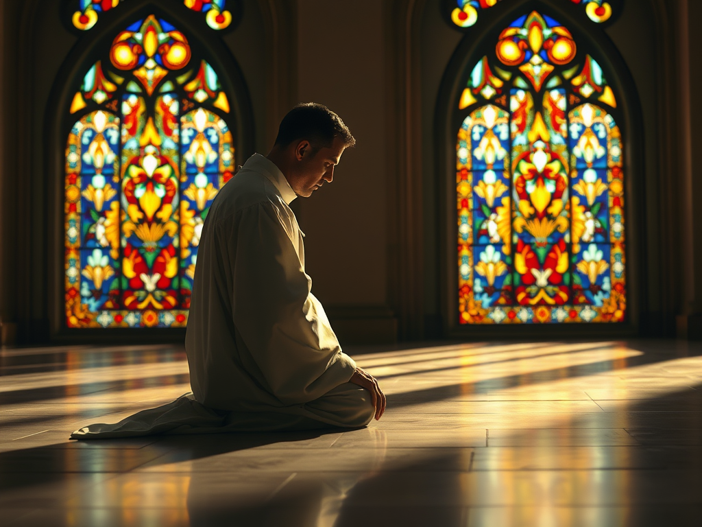 Image of a man kneeling in prayer within a room with stain glass windows.
