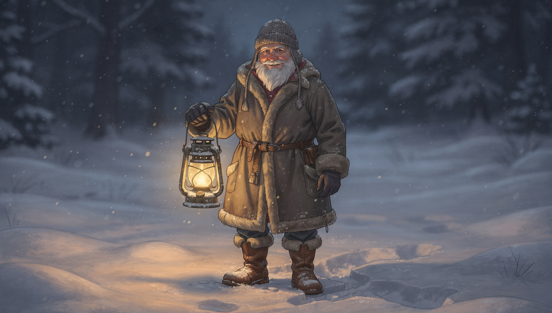 An old bearded man, the Belsnickel, standing in a snowy forest with a lantern.