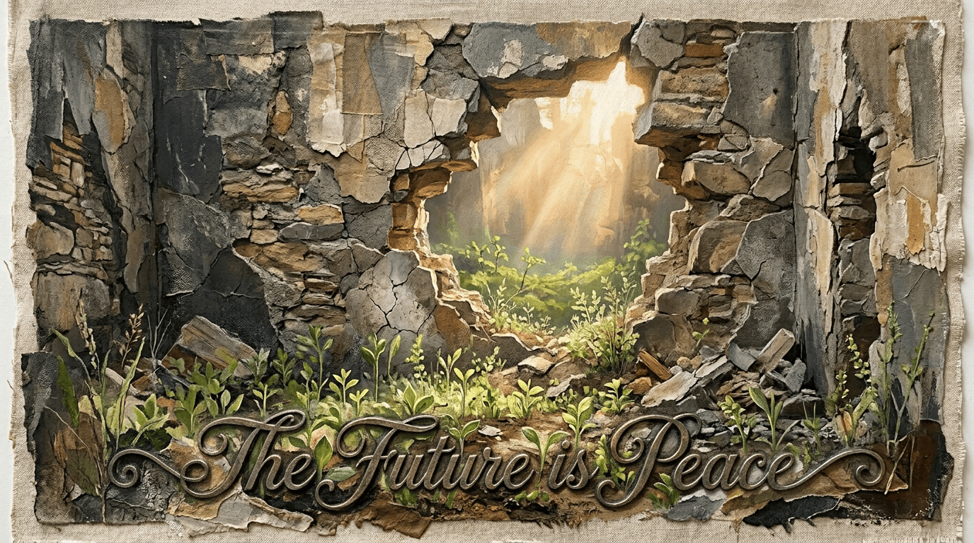 Young plants growing beneath sunlight in a crumbling stone ruin
