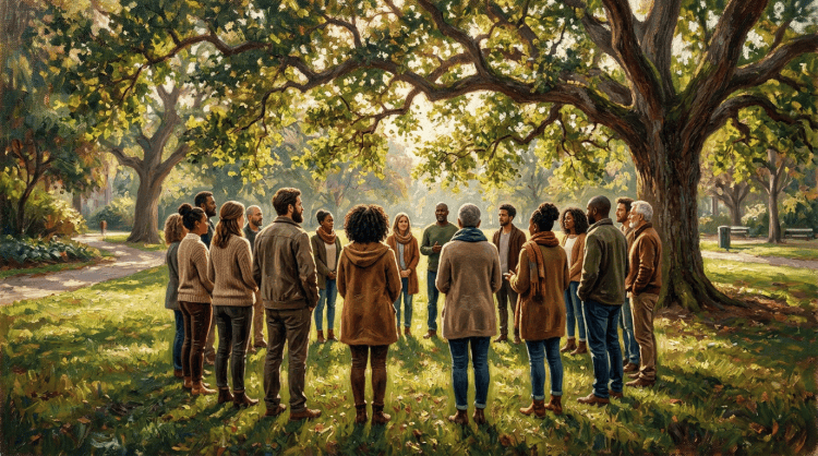 Diverse group of people talking together beneath large trees in a park